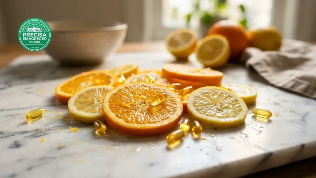 Frutas cítricas e suplementos de Vitamina C e Zinco dispostos de forma artística. Melhor Colágeno para Mulheres após os 35 anos