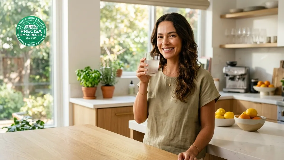 Mulher de 35 anos com pele radiante segurando copo com colágeno hidrolisado em cozinha moderna.